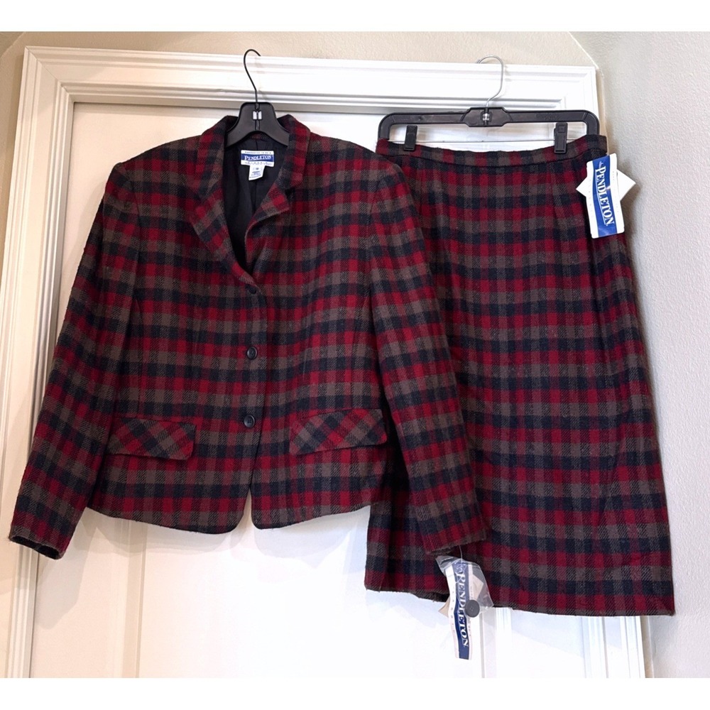 Pendleton‎ Classic Wool Skirt Suit Red Brown Plaid Blazer Skirt Set NWT 10